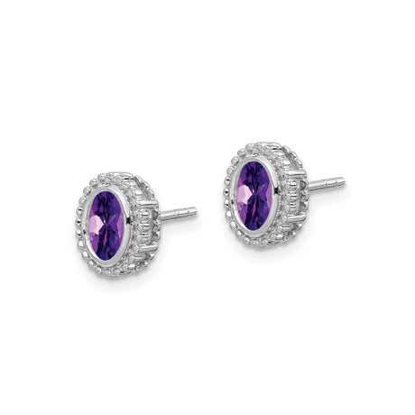 14k White Gold Amethyst Stud Earrings, Oval Faceted Stone, Milgrain Bezel Setting for Women