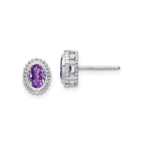 14k White Gold Amethyst Stud Earrings, Oval Faceted Stone, Milgrain Bezel Setting for Women