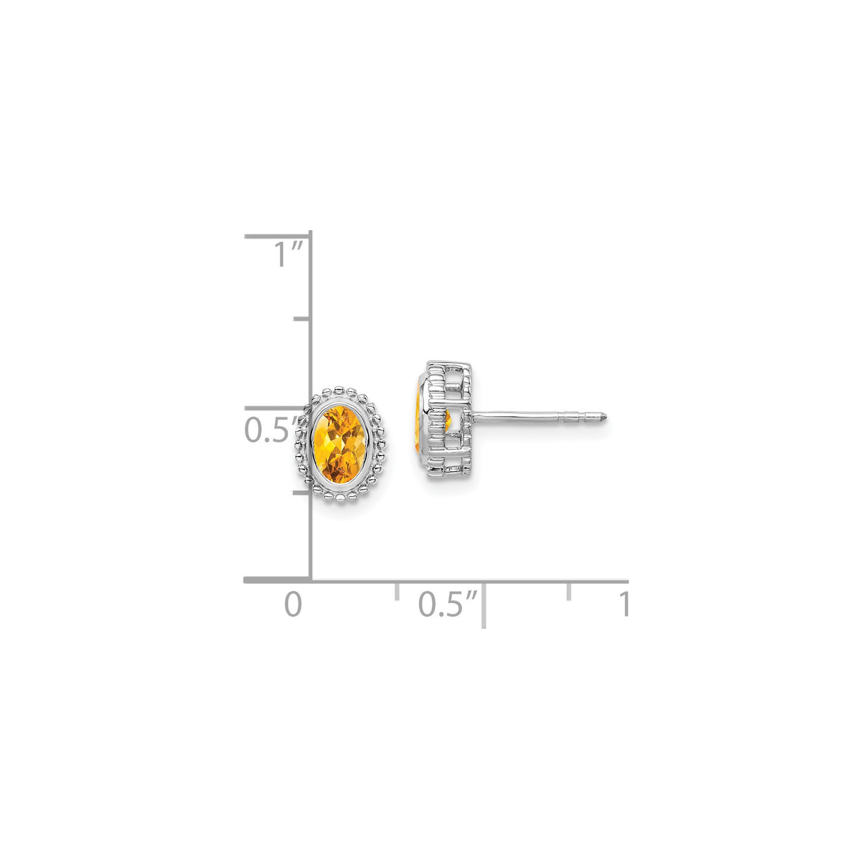 14k White Gold Citrine Stud Earrings with Oval Gemstone and Beaded Halo Design