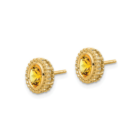 14k Yellow Gold Citrine Stud Earrings, Oval Faceted Gemstone in Beaded Frame, Vintage Style