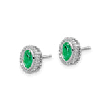 14k White Gold Emerald Stud Earrings, Oval Milgrain Bezel Vintage Style for Women