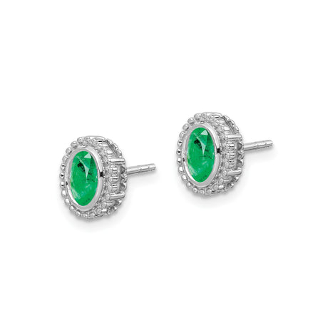 14k White Gold Emerald Stud Earrings, Oval Milgrain Bezel Vintage Style for Women