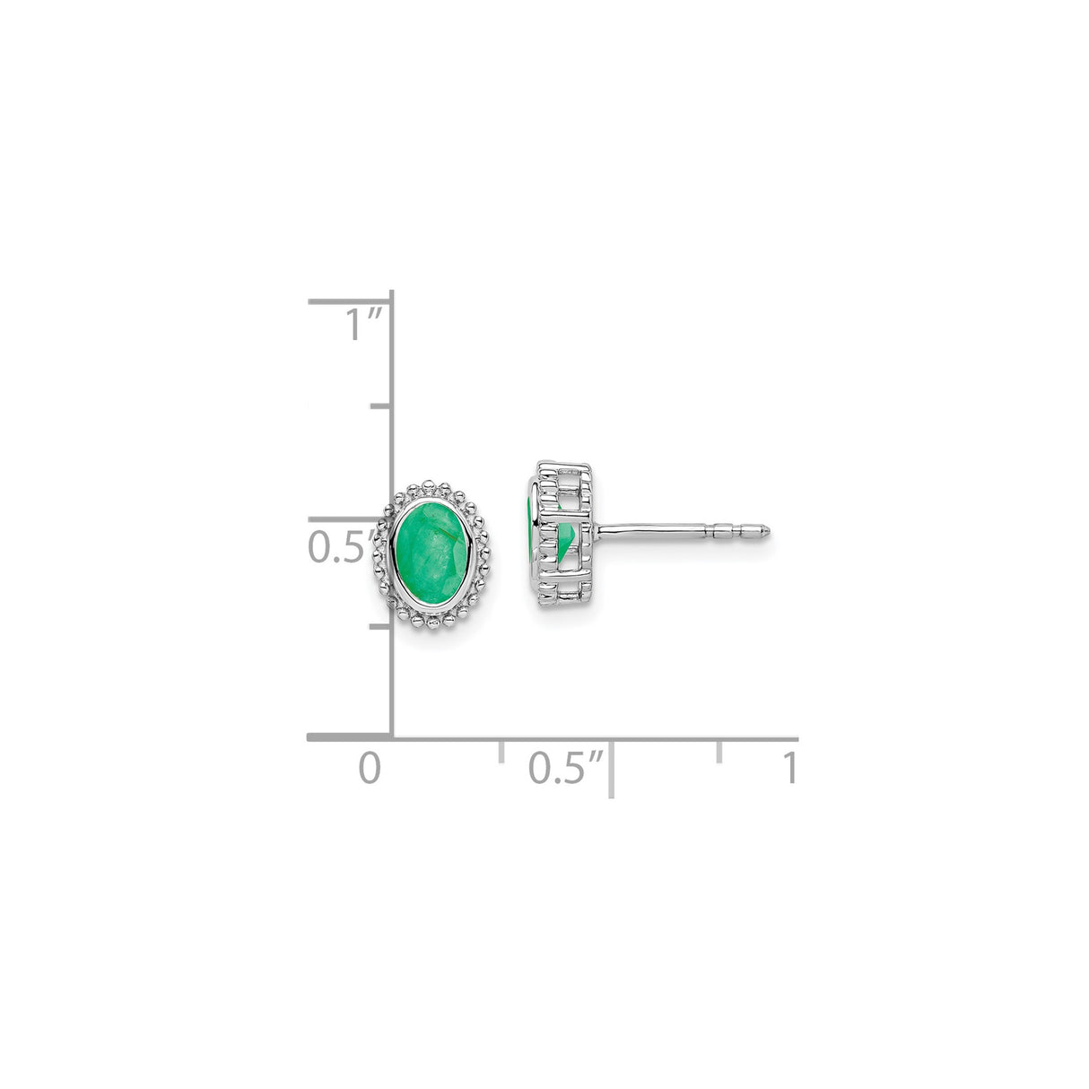 14k White Gold Emerald Stud Earrings, Oval Milgrain Bezel Vintage Style for Women