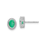 14k White Gold Emerald Stud Earrings, Oval Milgrain Bezel Vintage Style for Women