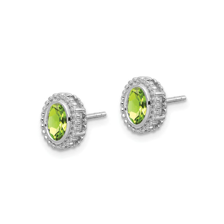 14k White Gold Peridot Stud Earrings, Oval Faceted Gemstone in Beaded Halo Setting