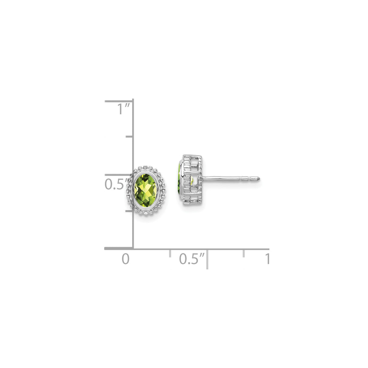 14k White Gold Peridot Stud Earrings, Oval Faceted Gemstone in Beaded Halo Setting