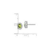 14k White Gold Peridot Stud Earrings, Oval Faceted Gemstone in Beaded Halo Setting