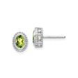 14k White Gold Peridot Stud Earrings, Oval Faceted Gemstone in Beaded Halo Setting