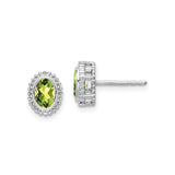 14k White Gold Peridot Stud Earrings, Oval Faceted Gemstone in Beaded Halo Setting