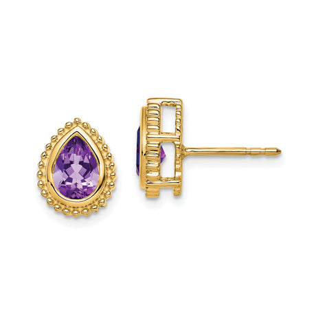 14k Yellow Gold Amethyst Stud Earrings, Teardrop Shape with Beaded Halo, Vintage Style