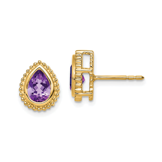 14k Yellow Gold Amethyst Stud Earrings, Teardrop Shape with Beaded Halo, Vintage Style