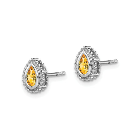 14k White Gold Citrine Stud Earrings, Pear-Shaped with Beaded Halo Setting