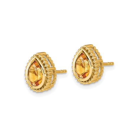 14k Yellow Gold Citrine Stud Earrings, Pear Shaped with Beaded Edge