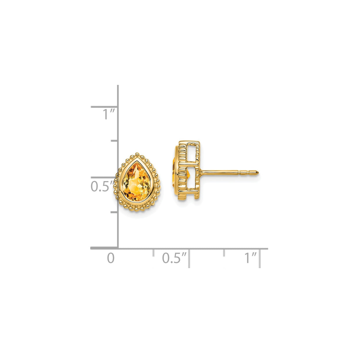 14k Yellow Gold Citrine Stud Earrings, Pear Shaped with Beaded Edge