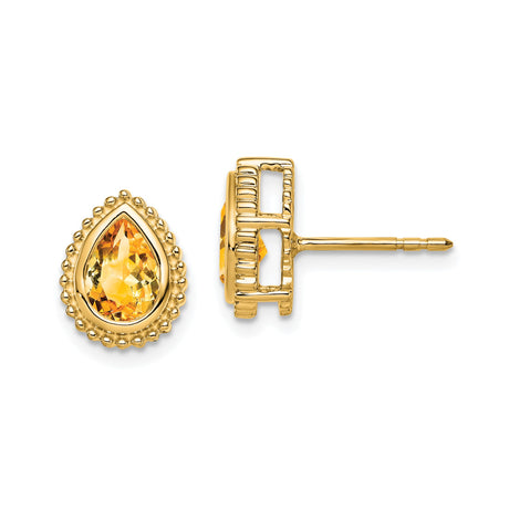 14k Yellow Gold Citrine Stud Earrings, Pear Shaped with Beaded Edge