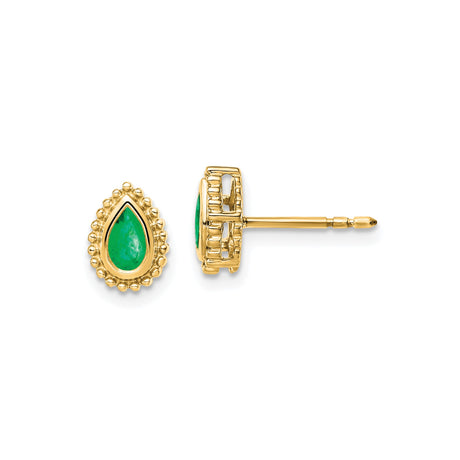 14k Yellow Gold Teardrop Stud Earrings with Emerald Center and Beaded Border