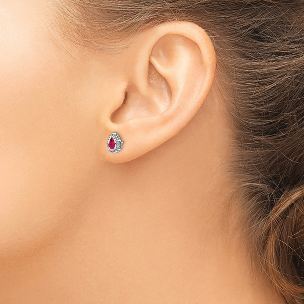 14k White Gold Teardrop Stud Earrings with Ruby, Pear-Shaped Beaded Halo Setting for Women