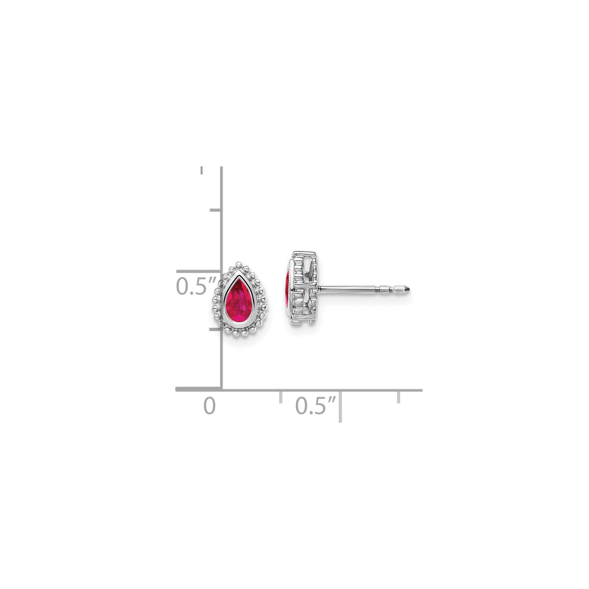 14k White Gold Teardrop Stud Earrings with Ruby, Pear-Shaped Beaded Halo Setting for Women