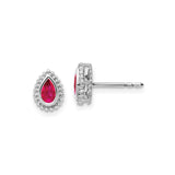 14k White Gold Teardrop Stud Earrings with Ruby, Pear-Shaped Beaded Halo Setting for Women