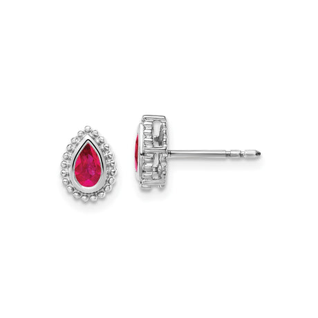 14k White Gold Teardrop Stud Earrings with Ruby, Pear-Shaped Beaded Halo Setting for Women