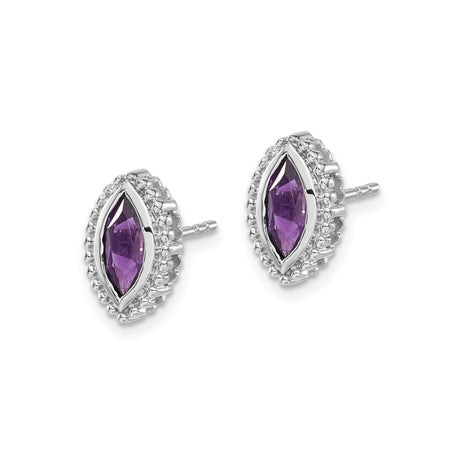 14k White Gold Amethyst Stud Earrings, Marquise Shape with Beaded Border, Classic Design