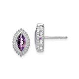 14k White Gold Amethyst Stud Earrings, Marquise Shape with Beaded Border, Classic Design