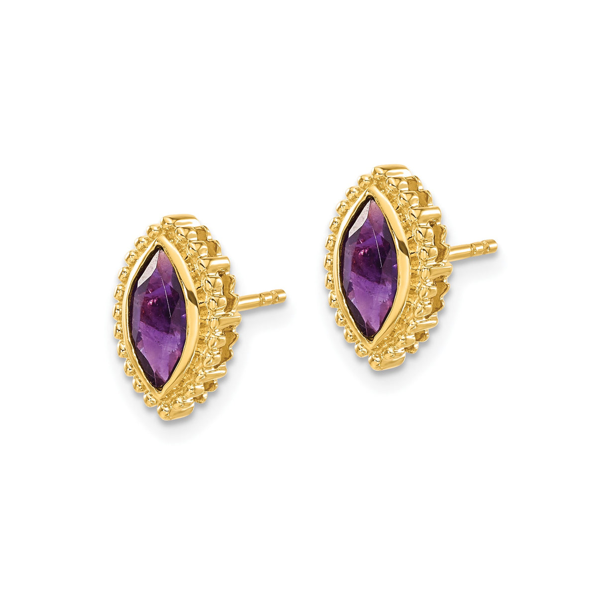 14k Yellow Gold Marquise Amethyst Stud Earrings with Beaded Border Design for Women