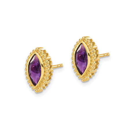 14k Yellow Gold Marquise Amethyst Stud Earrings with Beaded Border Design for Women