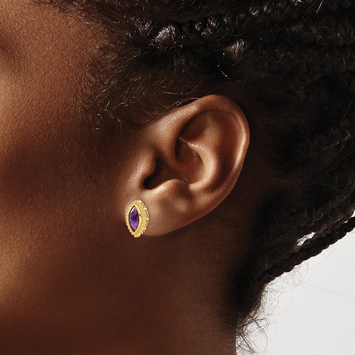 14k Yellow Gold Marquise Amethyst Stud Earrings with Beaded Border Design for Women