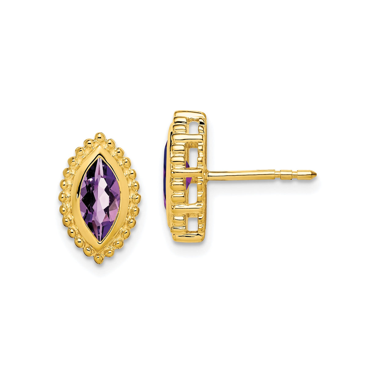 14k Yellow Gold Marquise Amethyst Stud Earrings with Beaded Border Design for Women