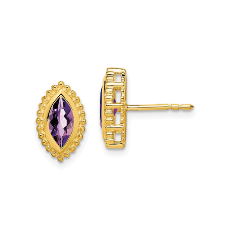 14k Yellow Gold Marquise Amethyst Stud Earrings with Beaded Border Design for Women