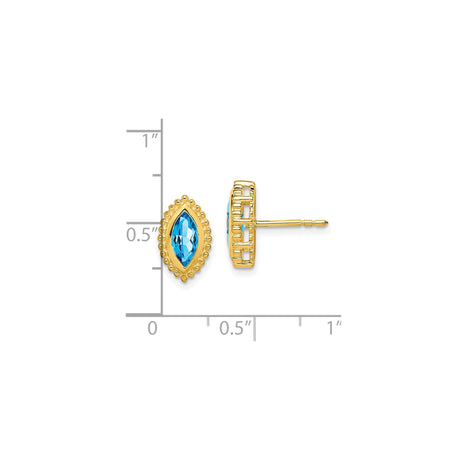 14k Yellow Gold Stud Earrings with Marquise Swiss Blue Topaz and Beaded Border