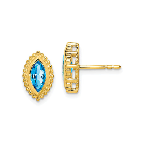14k Yellow Gold Stud Earrings with Marquise Swiss Blue Topaz and Beaded Border