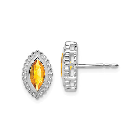 14k White Gold Citrine Stud Earrings, Marquise Shape with Beaded Edge Design