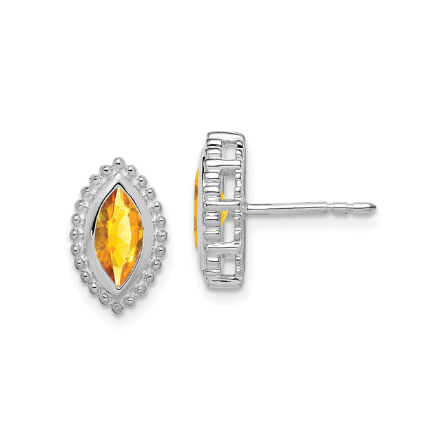 14k White Gold Citrine Stud Earrings, Marquise Shape with Beaded Edge Design