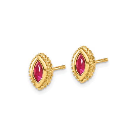 14k Yellow Gold Marquise Stud Earrings with Ruby and Beaded Border, Vintage Inspired Design