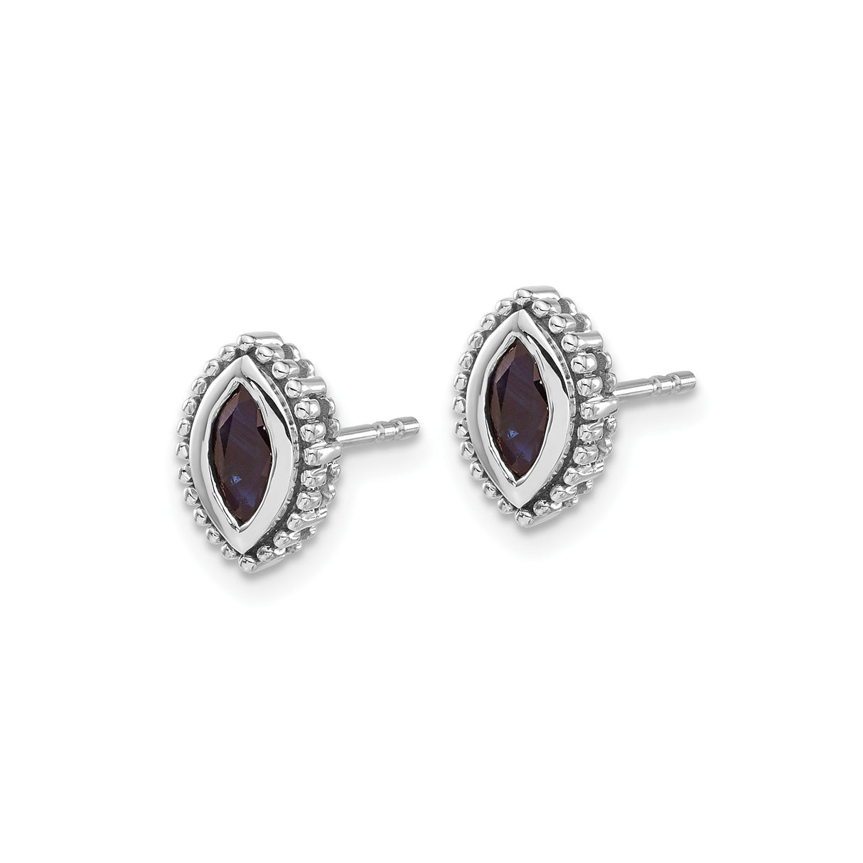 14k White Gold Marquise Stud Earrings with Deep Blue Sapphire and Beaded Frame Design