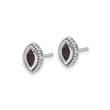 14k White Gold Marquise Stud Earrings with Deep Blue Sapphire and Beaded Frame Design
