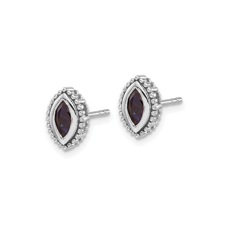 14k White Gold Marquise Stud Earrings with Deep Blue Sapphire and Beaded Frame Design