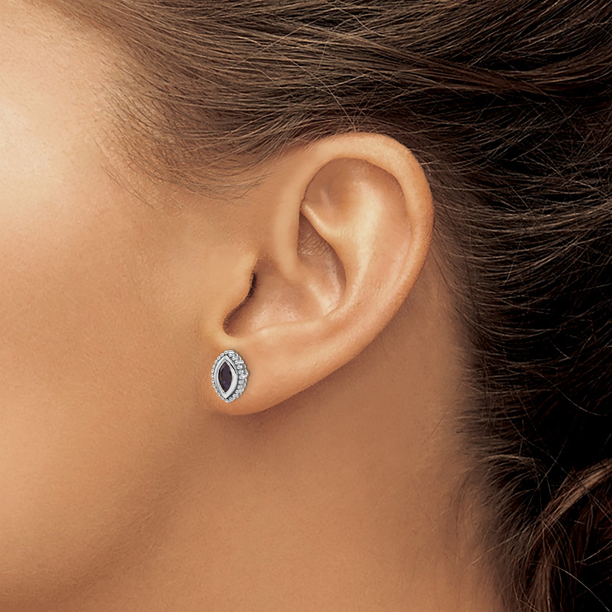 14k White Gold Marquise Stud Earrings with Deep Blue Sapphire and Beaded Frame Design