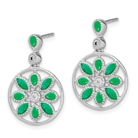 14k White Gold Dangle Earrings with Emeralds, Floral Mandala Design, Statement Drop Jewelry