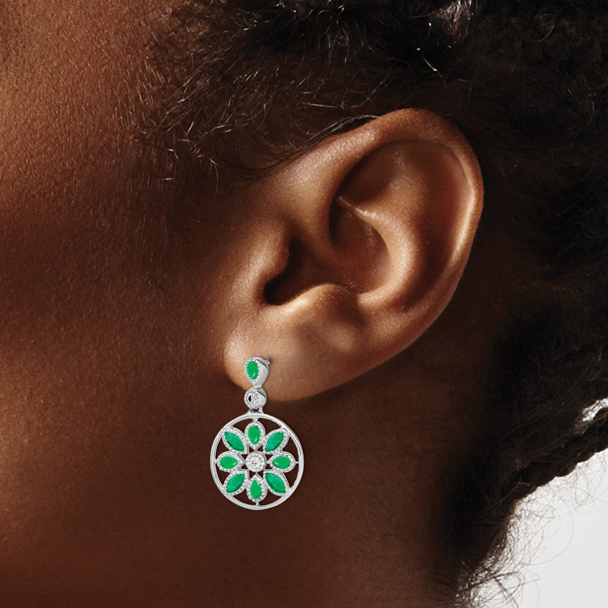 14k White Gold Dangle Earrings with Emeralds, Floral Mandala Design, Statement Drop Jewelry
