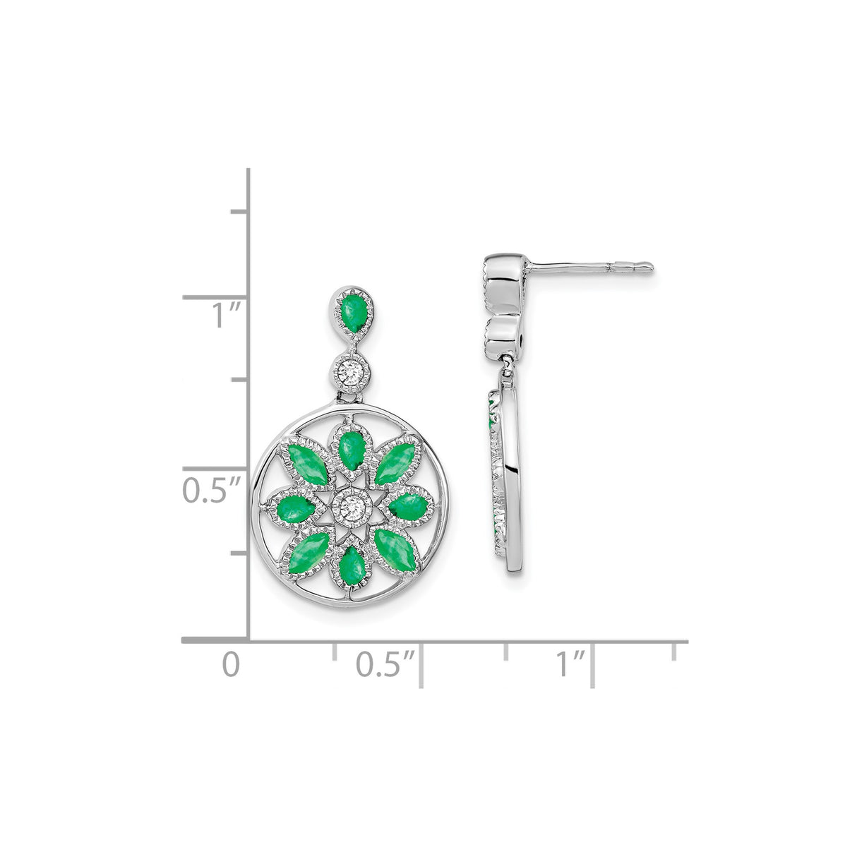 14k White Gold Dangle Earrings with Emeralds, Floral Mandala Design, Statement Drop Jewelry