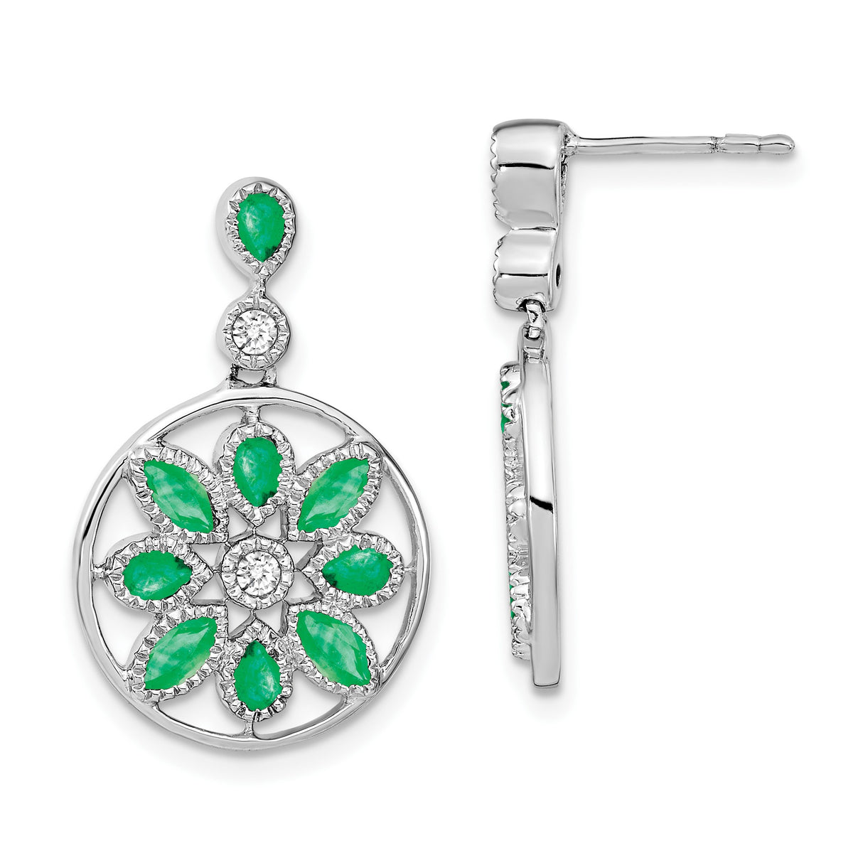 14k White Gold Dangle Earrings with Emeralds, Floral Mandala Design, Statement Drop Jewelry