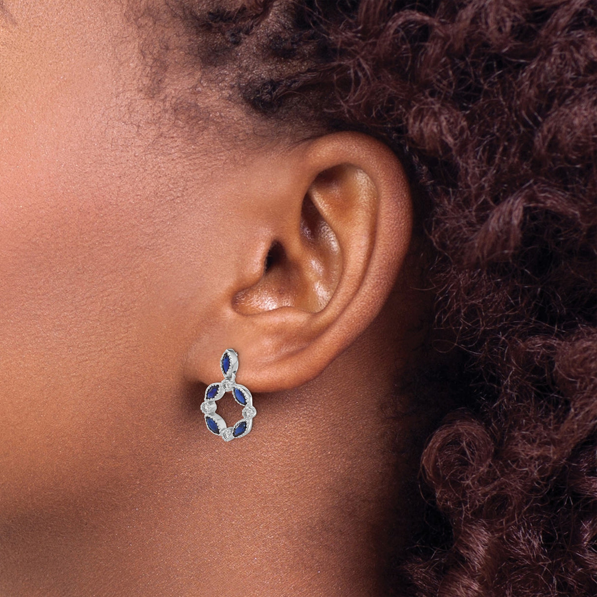 14k White Gold Dangle Earrings with Marquise Sapphire, Round Diamond, Open Circle Floral Design