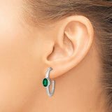 14k White Gold Hoop Earrings with Created Emerald and Diamond Accents, Modern Oval Design