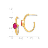 14k Yellow Gold Hoop Earrings with Created Ruby and Diamond Accents, Oval Cut Design for Women
