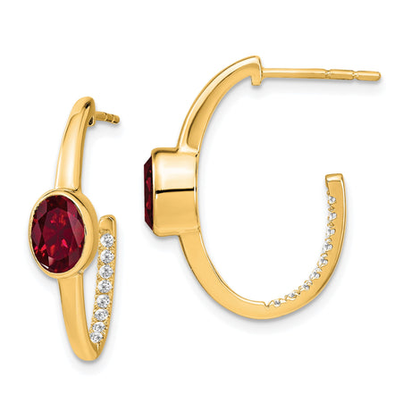 14k Yellow Gold Hoop Earrings with Created Ruby and Diamond Accents, Oval Cut Design for Women