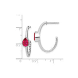 14k White Gold Hoop Earrings with Pear Shape Created Ruby and Diamond Accents