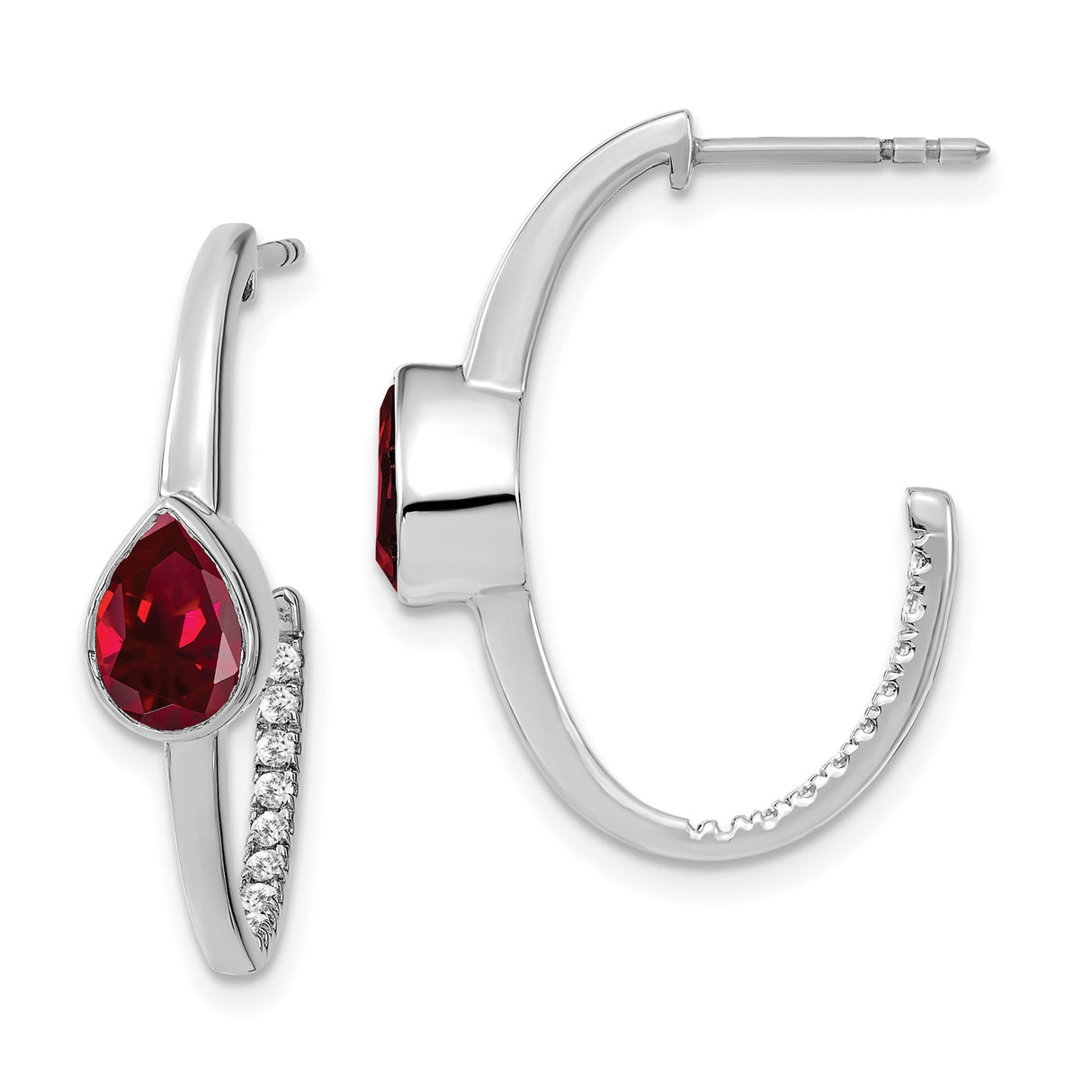 14k White Gold Hoop Earrings with Pear Shape Created Ruby and Diamond Accents